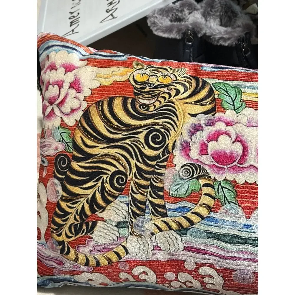Tiger Chinoiserie Lumbar Pillow 24x12 Velvet Tassel Asian Floral Decorative NWOT